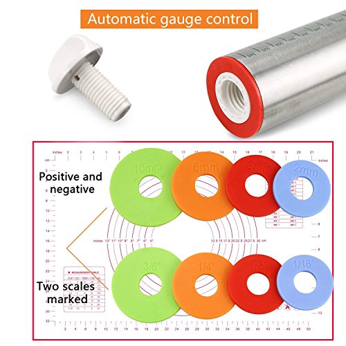 WisFox Ajustable Antiadherente Fondant Rolling Pins con Discos Ajustables y Marcado de Medición + Silicona para Hornear Rolling Mat para Pastelería Rolling Baking Dough Pizza Pastel Cookies