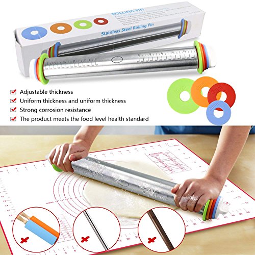 WisFox Ajustable Antiadherente Fondant Rolling Pins con Discos Ajustables y Marcado de Medición + Silicona para Hornear Rolling Mat para Pastelería Rolling Baking Dough Pizza Pastel Cookies