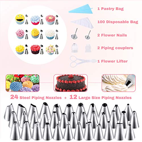 WisFox Decoración de Pasteles, Torta Giratoria, 152 piezas Decoración Kit, Boquillas, Manga Pastelera, Raspadores de Pastel, Espátulas Glaseadas, Smoothe, Uñas de Flores, Cake Cutter