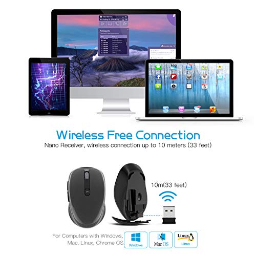 WisFox Ratón Inalambrico, Ratón Inalámbrico Silencioso 2.4G Ratón Óptico Ratón de la Computadora con USB Nano Receptor 3 Niveles de dpi Ajustables Ratones Inalámbricos Portátiles de 6 Botones Negro