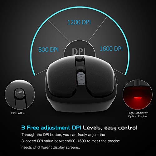 WisFox Ratón Inalambrico, Ratón Inalámbrico Silencioso 2.4G Ratón Óptico Ratón de la Computadora con USB Nano Receptor 3 Niveles de dpi Ajustables Ratones Inalámbricos Portátiles de 6 Botones Negro