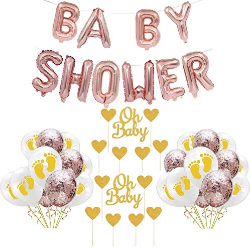 WJGJ Set de Decoraciones para Fiestas Baby Shower de 30 Piezas, Globos de Confeti de Baby Shower de Oro Rosa, Pancarta de Baby Shower y Adornos de Cupcake Toppers