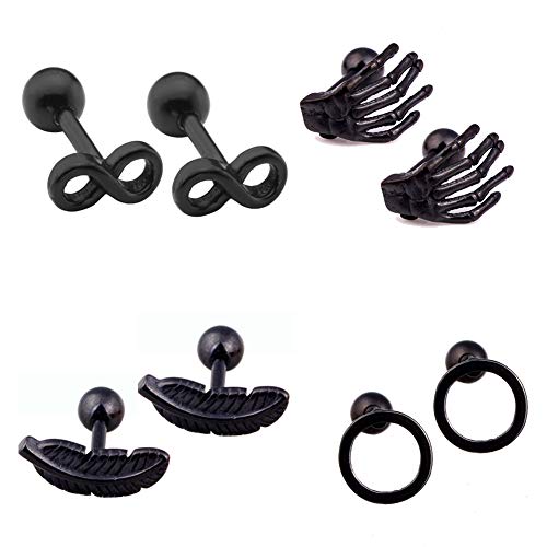 WLZP 4 Pares 1.2mm Acero Inoxidable 316L Pendientes Piercing Cartílago hélix Tragus Stud para Hombres Mujeres, Plata/Oro/Negro