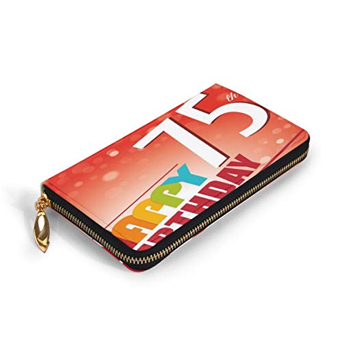 Women's Long Leather Card Holder Purse Zipper Buckle Elegant Clutch Wallet, Old Age Seventy Five Years Party Invite Retro Style Greeting,Sleek and Slim Travel Purse