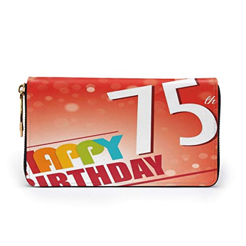 Women's Long Leather Card Holder Purse Zipper Buckle Elegant Clutch Wallet, Old Age Seventy Five Years Party Invite Retro Style Greeting,Sleek and Slim Travel Purse