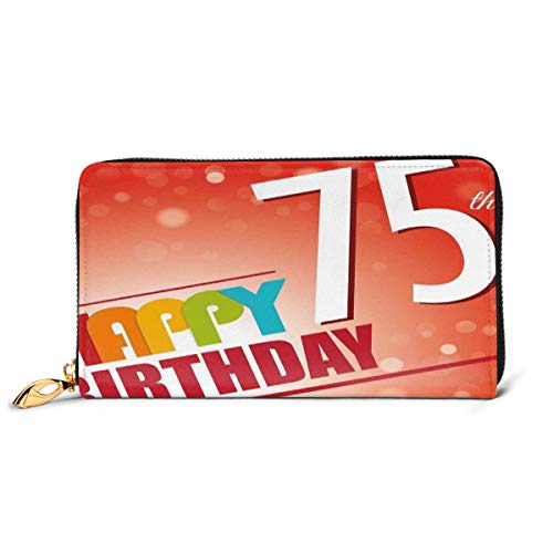 Women's Long Leather Card Holder Purse Zipper Buckle Elegant Clutch Wallet, Old Age Seventy Five Years Party Invite Retro Style Greeting,Sleek and Slim Travel Purse