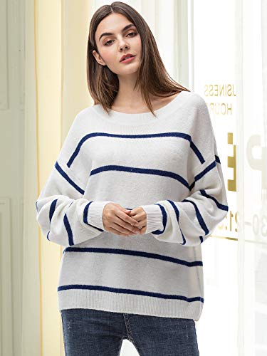 Woolen Bloom Manga Larga Sueter Invierno Sueter Mujer 2019 Jersey Elegante Blanco Azul Rayas Jerseys Punto Blanco Suelta y Cómoda