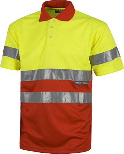 Work Team Polo Combinado Alta Visibilidad Manga Corta. Cintas Reflectantes Torso y Mangas. EN ISO 20471:2013 Hombre Amarillo A.V.+ Rojo L