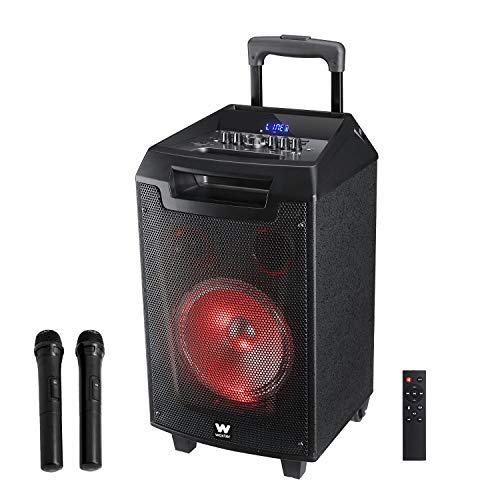 Woxter Rock'n'Roller - Altavoz trolley con función karaoke, Potencia de 80W, Display Led, Bluetooth, Lector SD/USB, AUX, Prioridad Mic, Mando a distancia, Batería de alta capacidad y 2 micrófonos inalámbricos