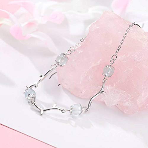 WOZUIMEI S925 Pulsera de Plata Esterlina Pulsera de Cristal de Fresa Pulsera de Plata Esterlina Aguamarina Femenina Truco de Cristal Flor de Durazno Pulsera de Rama de Árbol Simpleocéano azul, Plata