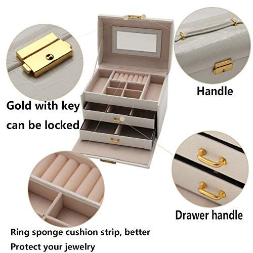 WXX Jewelry Organizer Tres Capas De Cajones Dobles Organizador Joyas Cuero De La PU Joyero Espejo para Mujer Organizador De Joyas para Anillos, Aretes, Pendientes, Pulseras Y Collares,Blanco