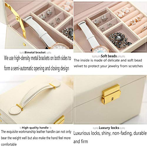WXX Jewelry Organizer Tres Capas De Cajones Dobles Organizador Joyas Cuero De La PU Joyero Espejo para Mujer Organizador De Joyas para Anillos, Aretes, Pendientes, Pulseras Y Collares,Blanco