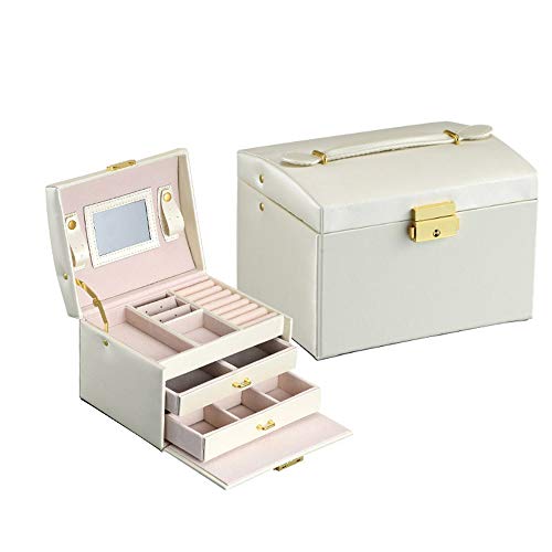 WXX Jewelry Organizer Tres Capas De Cajones Dobles Organizador Joyas Cuero De La PU Joyero Espejo para Mujer Organizador De Joyas para Anillos, Aretes, Pendientes, Pulseras Y Collares,Blanco