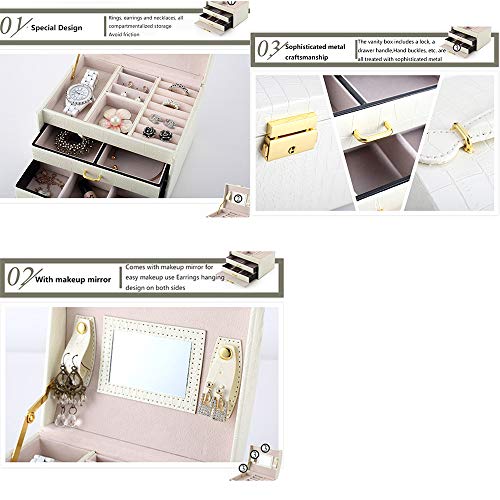 WXX Jewelry Organizer Tres Capas De Cajones Dobles Organizador Joyas Cuero De La PU Joyero Espejo para Mujer Organizador De Joyas para Anillos, Aretes, Pendientes, Pulseras Y Collares,Blanco