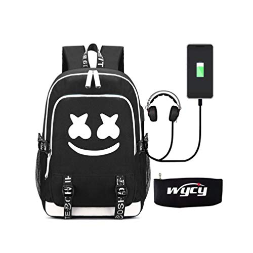 WYCY Mochila Luminosa Marshmello Bolsa para la Escuela Gran Volumen 36L con Puerto de Carga USB y línea de Audio Mochila Escolar Unisex Mochila con Llavero Bordado Colgante (Marshmello)