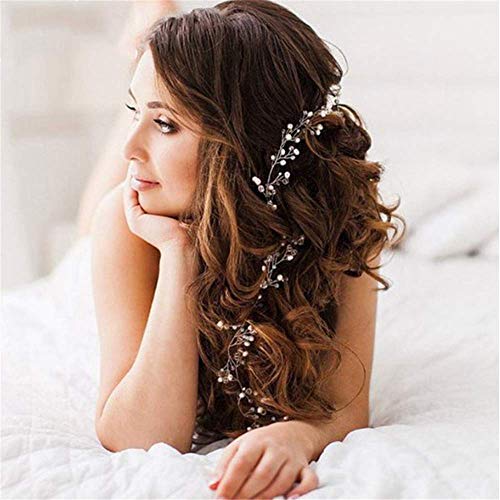 WYTX Pedazo De Pelo De Novia De Cristal Diadema De Plata Tocado Accesorios Para El Cabello De Novia De Boda Diadema De Perlas Para Festival, Accesorio Para El Cabello De Graduación, 100 Cm
