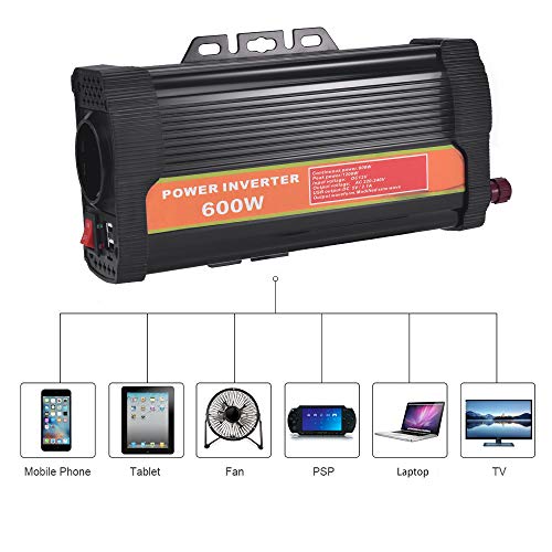 WZTO 600W Inversor de Corriente DC 12V a AC 220V-240V Convertidor de Corriente con 2 Puertos USB 5V/2.1A y 1 Toma Enchufe, Inversor para Coche Camping Camión RV (600W)