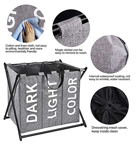 X-cosrack Canasta para cesto de Ropa 3 Secciones, algodón Grueso y Lino, Bolsillo de Malla con Asas para el hogar, Marco en X de Hierro con Pintura Negra, Plegable, Gris