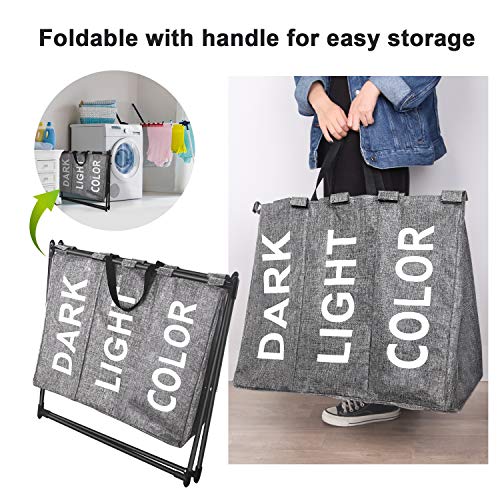 X-cosrack Canasta para cesto de Ropa 3 Secciones, algodón Grueso y Lino, Bolsillo de Malla con Asas para el hogar, Marco en X de Hierro con Pintura Negra, Plegable, Gris