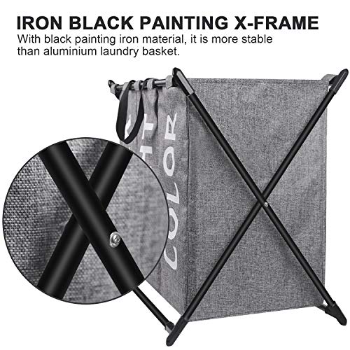 X-cosrack Canasta para cesto de Ropa 3 Secciones, algodón Grueso y Lino, Bolsillo de Malla con Asas para el hogar, Marco en X de Hierro con Pintura Negra, Plegable, Gris