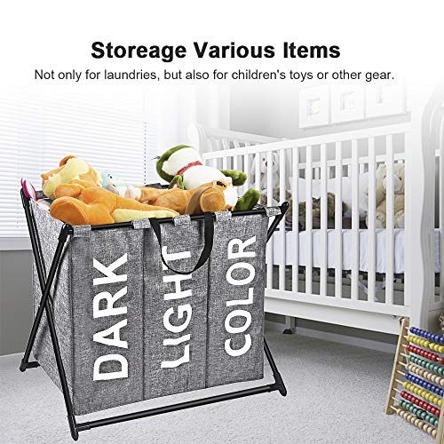 X-cosrack Canasta para cesto de Ropa 3 Secciones, algodón Grueso y Lino, Bolsillo de Malla con Asas para el hogar, Marco en X de Hierro con Pintura Negra, Plegable, Gris