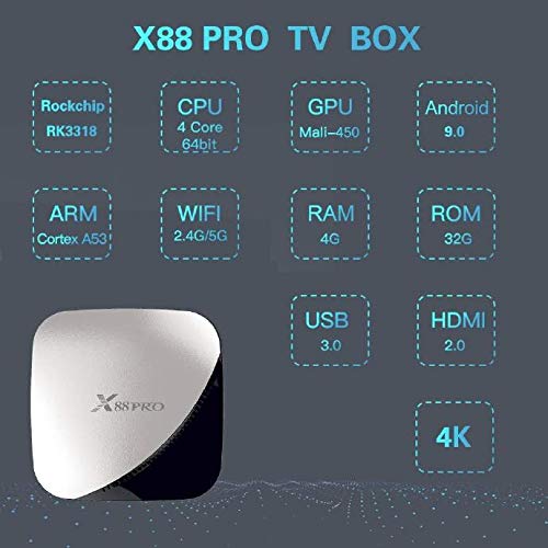X88 Pro Android 9.0 TV Box 4GB RAM 32GB ROM RK3318 Quad-Core 64 bit Cortex-A53 CPU Penta-Core Mali-450 GPU 2.4GHz and 5GHz Dual Band WiFi H.265 4K Media Player