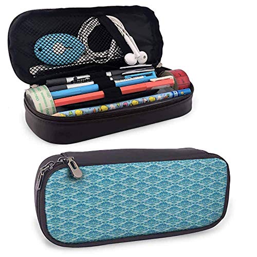 XCNGG Estuche para bolígrafo de damasco Estuche de maquillaje cosmético, patrón de color azul con azulejos de estilo occidental Revival Flourish Barroco Influencias Estuche de tamaño perfecto para pap