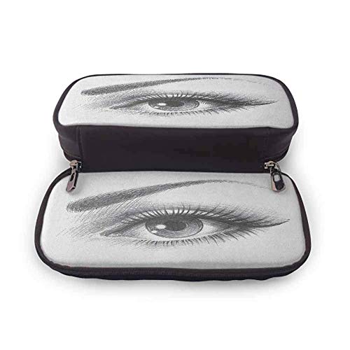 XCNGG Estuche para lápices de ojos, dibujo a lápiz Obra de arte de un ojo femenino que mira fijamente con pestañas largas y una ceja con curvas, pequeña, linda, de pie, impermeable, sin polvo, gris, b