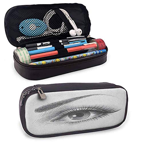 XCNGG Estuche para lápices de ojos, dibujo a lápiz Obra de arte de un ojo femenino que mira fijamente con pestañas largas y una ceja con curvas, pequeña, linda, de pie, impermeable, sin polvo, gris, b