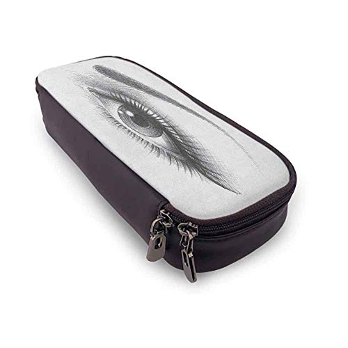XCNGG Estuche para lápices de ojos, dibujo a lápiz Obra de arte de un ojo femenino que mira fijamente con pestañas largas y una ceja con curvas, pequeña, linda, de pie, impermeable, sin polvo, gris, b