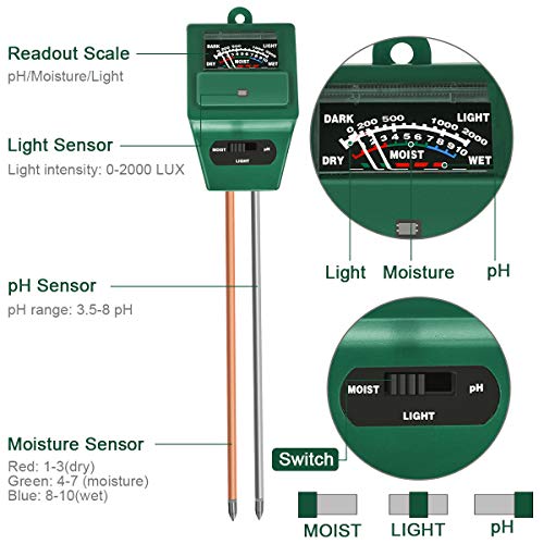 Xddias Medidor de Suelos, medidor de Humedad de Plantas 3/1 / medidor de acidez de luz/pH, higrómetro de Monitor de Agua de Suelo