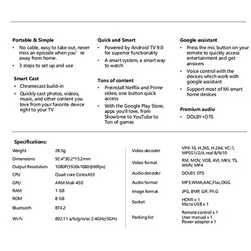 Xiaomi Mi TV Stick Quad Core 1GB RAM 8GB ROM Bluetooth 4.2 5G WiFi Android 9.0 Pantalla Dongle 2K HDR Soporte Dolby DTS Netflix con Google Assistant ( EU Versión )