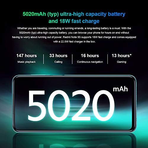 Xiaomi Redmi Note 9S Smartphone, 6GB RAM 128GB ROM, 6.67" Dot Drop Pantalla, Qualco mm Snapdragon 720G procesador, 48MP Cámara Cuádruple, Global Versión, Aurora Blue