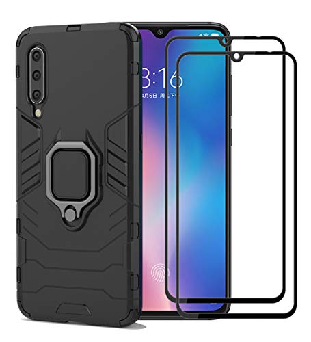 XIFAN Funda para Xiaomi Mi 9 [Robusto] Anillo Metálico Soporte [Funciona con El Montaje De Coche Magnético] Case Carcasa, Negro + 2 Piezas Protector de Pantalla