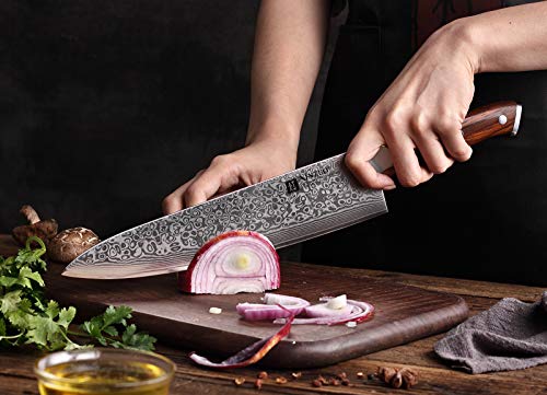 XINZUO 25.5cm Cuchillo Chef Alto Carbono Damasco Acero Profesional Japon Cuchillo Cocinero Gyuto VG10 Acero con Ergonómico Rosewood Mango - Yu Serie