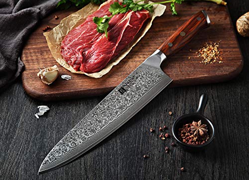 XINZUO 25.5cm Cuchillo Chef Alto Carbono Damasco Acero Profesional Japon Cuchillo Cocinero Gyuto VG10 Acero con Ergonómico Rosewood Mango - Yu Serie