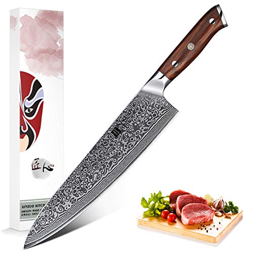 XINZUO 25.5cm Cuchillo Chef Alto Carbono Damasco Acero Profesional Japon Cuchillo Cocinero Gyuto VG10 Acero con Ergonómico Rosewood Mango - Yu Serie