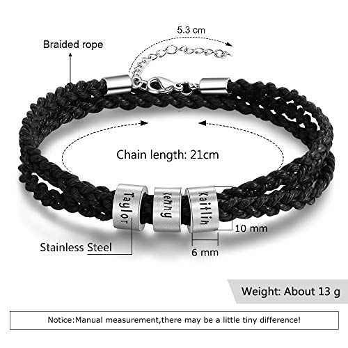 XiXi Personalizado Pulsera para Hombre Cuero Pulsera con Nombre Grabado Acero Inoxidable Joyería Regalo para Día de San Valentín Dia del Padre Navidad (3 Nombre)
