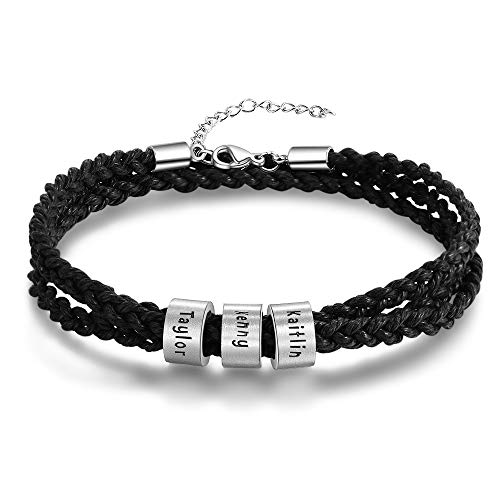 XiXi Personalizado Pulsera para Hombre Cuero Pulsera con Nombre Grabado Acero Inoxidable Joyería Regalo para Día de San Valentín Dia del Padre Navidad (3 Nombre)