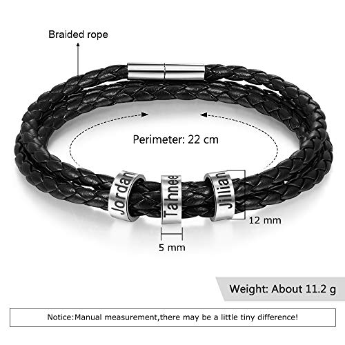 XiXi Personalizado Pulsera para Hombre Cuero Pulsera Grabado con 3 Nombre Acero Inoxidable Joyería Regalo para Día de Dia del Padre Navidad (Negro, 21)