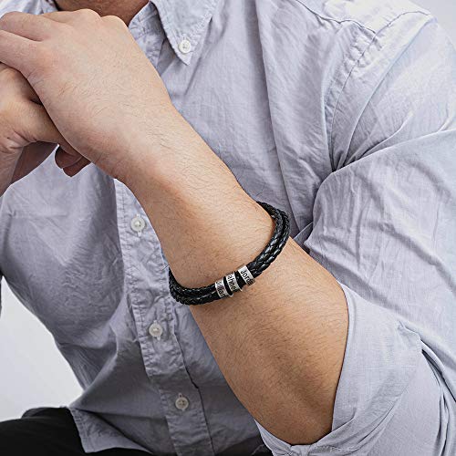 XiXi Personalizado Pulsera para Hombre Cuero Pulsera Grabado con 3 Nombre Acero Inoxidable Joyería Regalo para Día de Dia del Padre Navidad (Negro, 21)