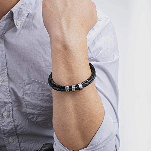 XiXi Personalizado Pulsera para Hombre Cuero Pulsera Grabado con 3 Nombre Acero Inoxidable Joyería Regalo para Día de Dia del Padre Navidad (Negro, 21)