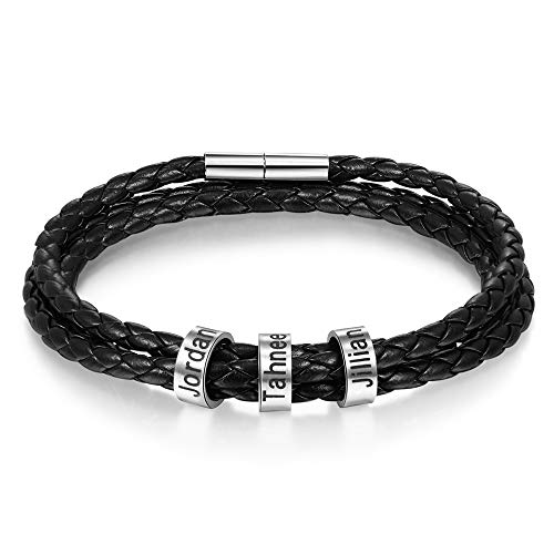 XiXi Personalizado Pulsera para Hombre Cuero Pulsera Grabado con 3 Nombre Acero Inoxidable Joyería Regalo para Día de Dia del Padre Navidad (Negro, 21)