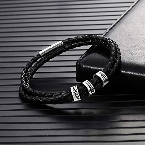 XiXi Personalizado Pulsera para Hombre Cuero Pulsera Grabado con 3 Nombre Acero Inoxidable Joyería Regalo para Día de Dia del Padre Navidad (Negro, 21)