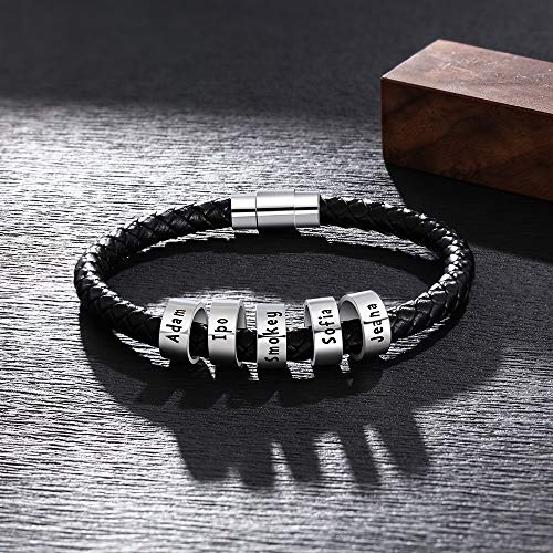 XiXi Pulsera Personalizado Plata Hombre Cuero Pulsera con 5 Nombre Grabado Regalo para día de San Valentín dia del Padre Cumpleaños