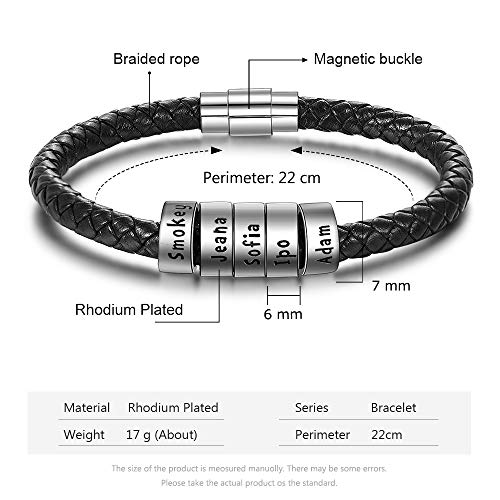 XiXi Pulsera Personalizado Plata Hombre Cuero Pulsera con 5 Nombre Grabado Regalo para día de San Valentín dia del Padre Cumpleaños