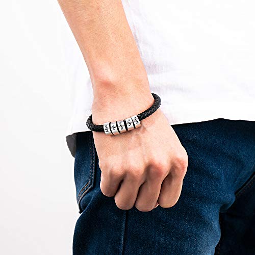 XiXi Pulsera Personalizado Plata Hombre Cuero Pulsera con 5 Nombre Grabado Regalo para día de San Valentín dia del Padre Cumpleaños