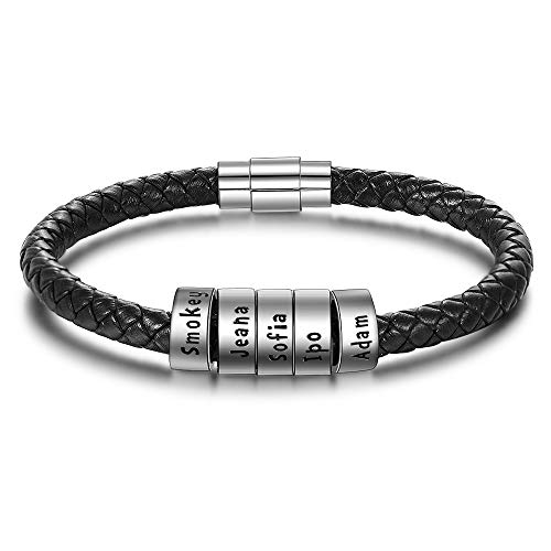 XiXi Pulsera Personalizado Plata Hombre Cuero Pulsera con 5 Nombre Grabado Regalo para día de San Valentín dia del Padre Cumpleaños