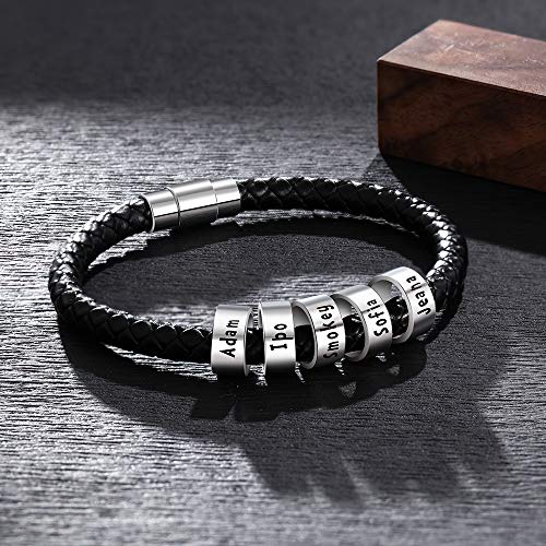 XiXi Pulsera Personalizado Plata Hombre Cuero Pulsera con 5 Nombre Grabado Regalo para día de San Valentín dia del Padre Cumpleaños