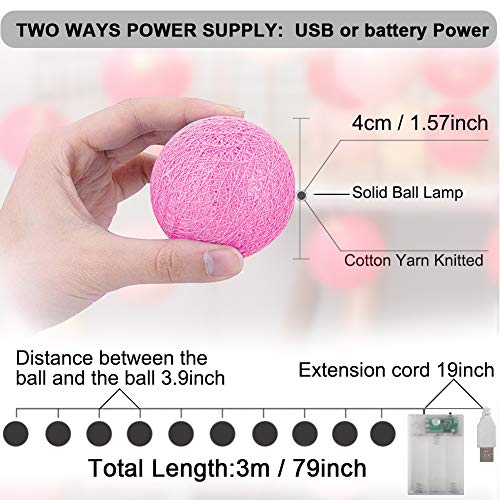 XIYUNTE Bola de algodón Guirnaldas luminosas - 9.8FT / 20LED blanco y rosa bola de algodón (φ4cm) Iluminación de Navidad de interior, Luces hadas decor de interior para Navidad